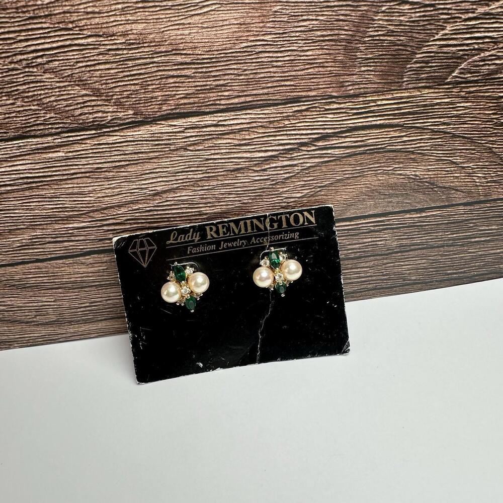 Lady Remington Faux Pearl Green Rhinestone Pierced Stud Earrings Gold Tone